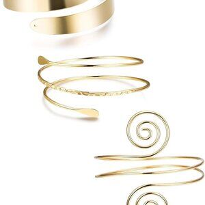 Women Gold Arm Cuff Set 3-Pcs Alloy Adjustable Swirl Jewelry for Casual